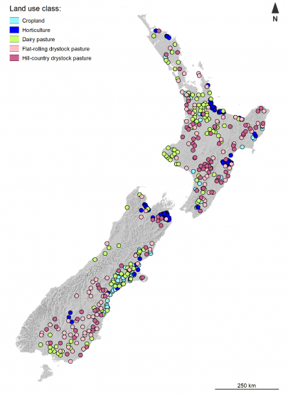 Figure 1: Location of 500 sites on agricultural land for soil organic carbon monitoring in New Zealand. Internal lines are Regional Council boundaries. Coloured dots are different land-use classes. Figure 1: Location of 500 sites on agricultural land for soil organic carbon monitoring in New Zealand. Internal lines are Regional Council boundaries. Coloured dots are different land-use classes.